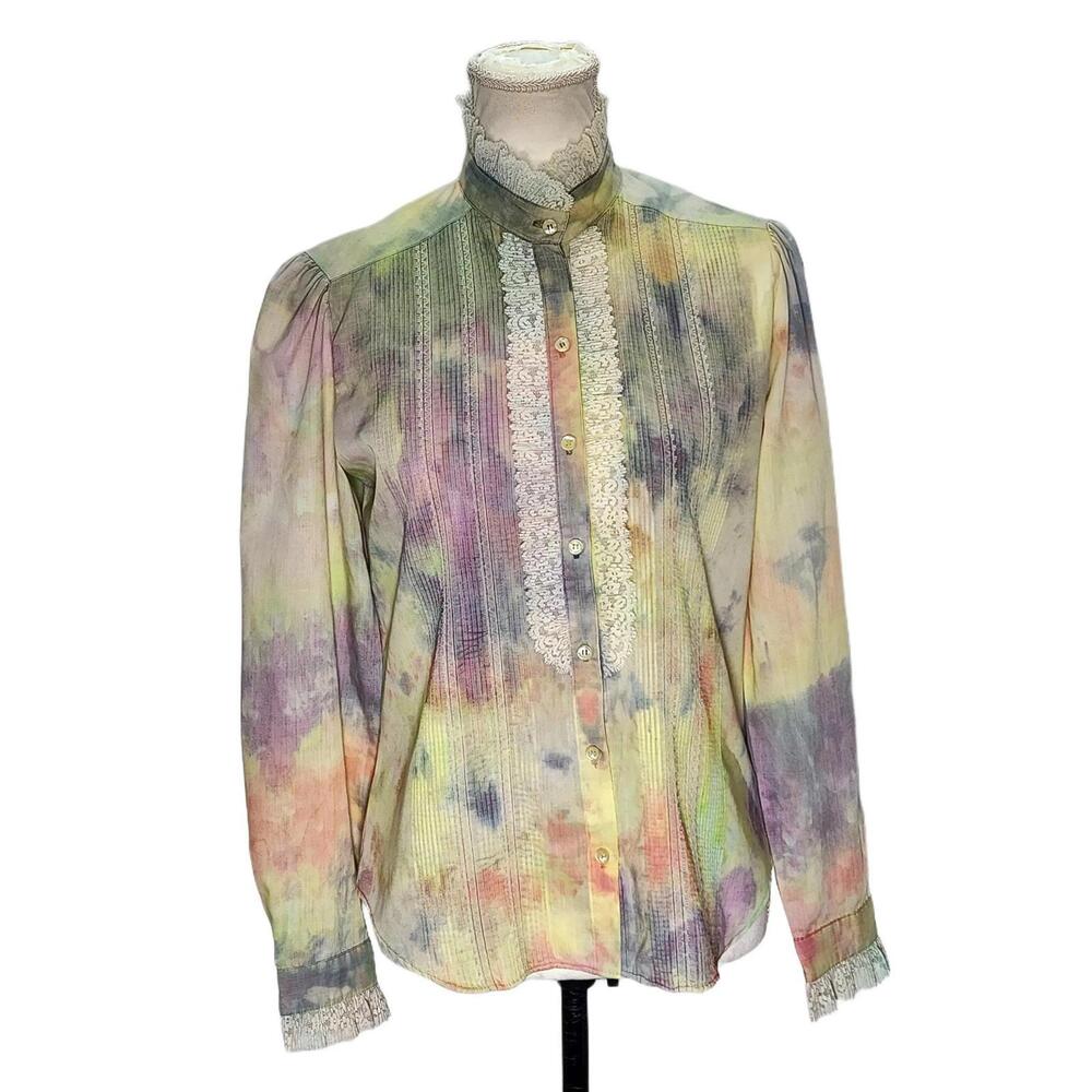 Reworked, Tie-Dyed, Vintage Button Down Shirt w/ Lace Detail. Size Medium
